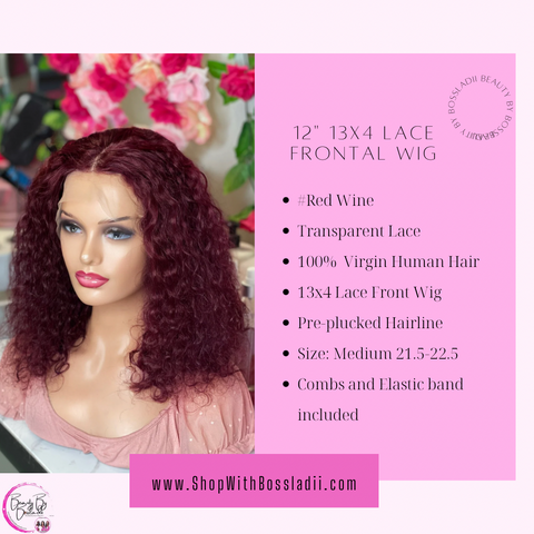 12" Curly 13x4 Lace Frontal Red Wine Wig | 100% Virgin Human Hair | PrePlucked | Ready To Ship