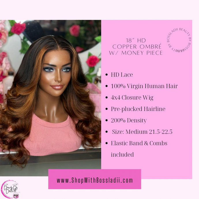 18” Copper Ombre' w/Money piece (HD) 4x4 Closure 100% Unprocessed Virgin Human Hair  Pre Plucked Closure Wig | Ready To Ship