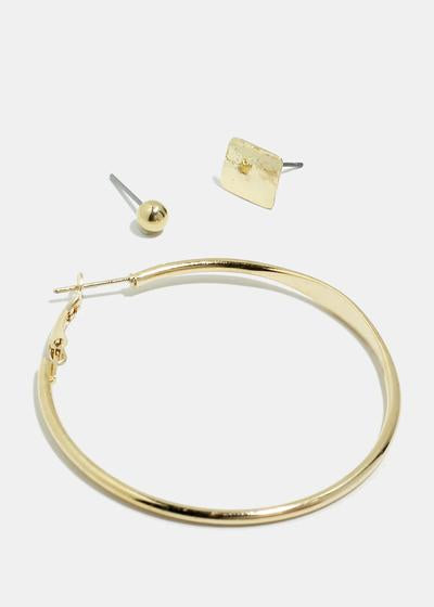 3 Pair Set of square, ball, and hoop earrings