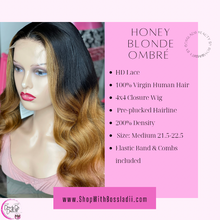 20” HD Honey Blonde ombré 100% Unprocessed Virgin Human Hair 4x4 Closure wig 200% Density Pre Plucked  | Ready To Ship