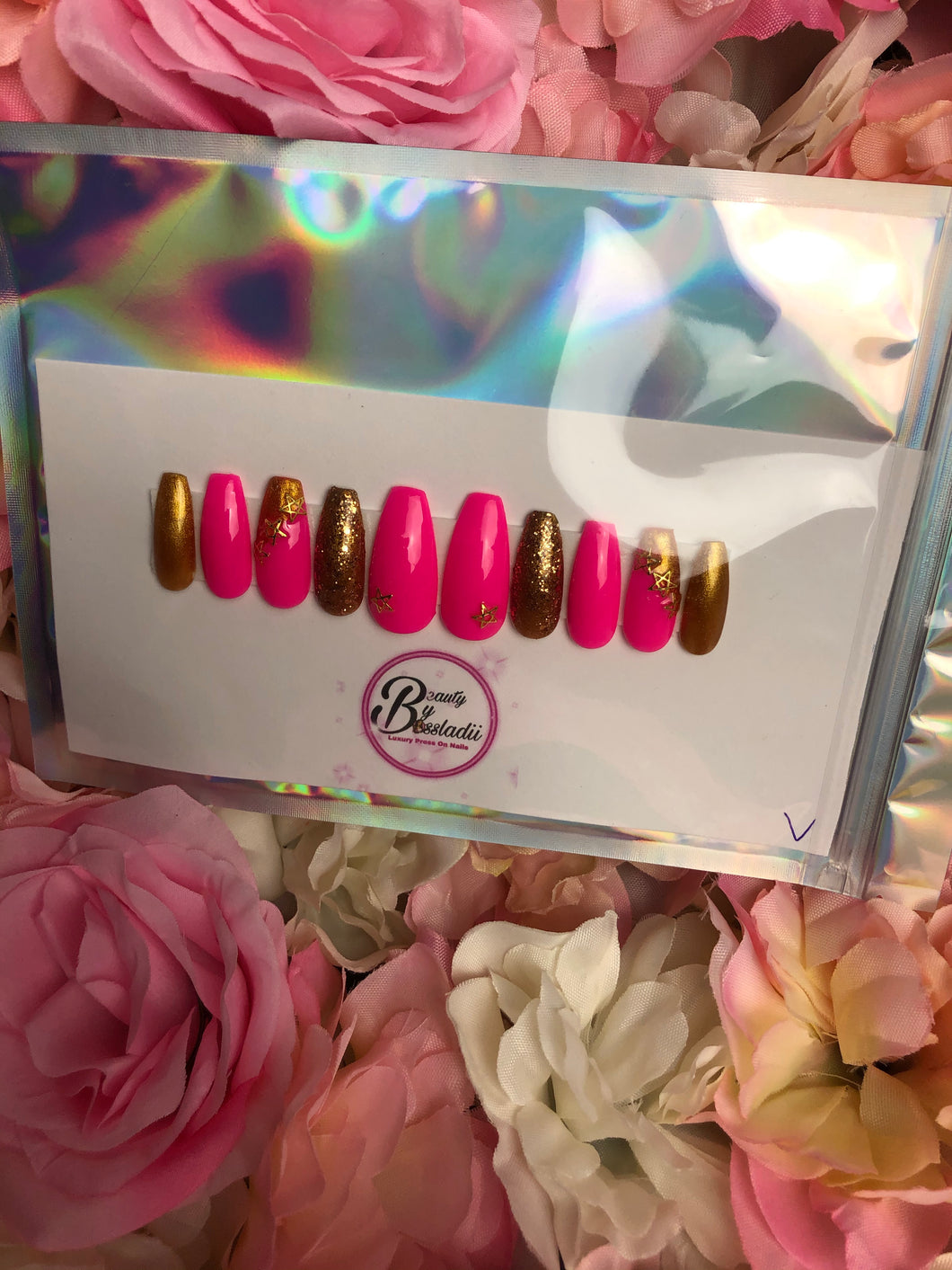Pink & Gold Luxury Press On Nails (Large)