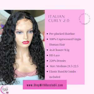 14"-24” Swiss HD Italian Curly 100% Unprocessed Virgin Human Hair 220% Density Pre Plucked 4x4 Closure Wig 12”-24” Ready To Ship