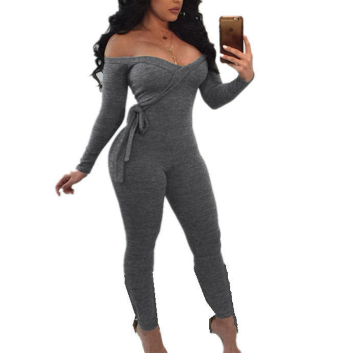 Sexy Deep V Lace-up Long Sleeve Off Shoulder Jumpsuit