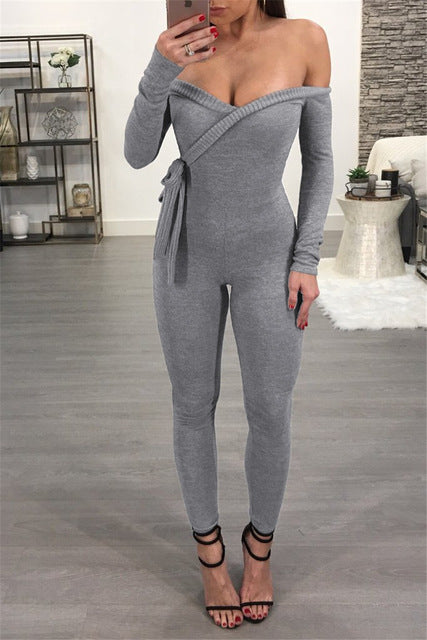 Sexy Deep V Lace-up Long Sleeve Off Shoulder Jumpsuit