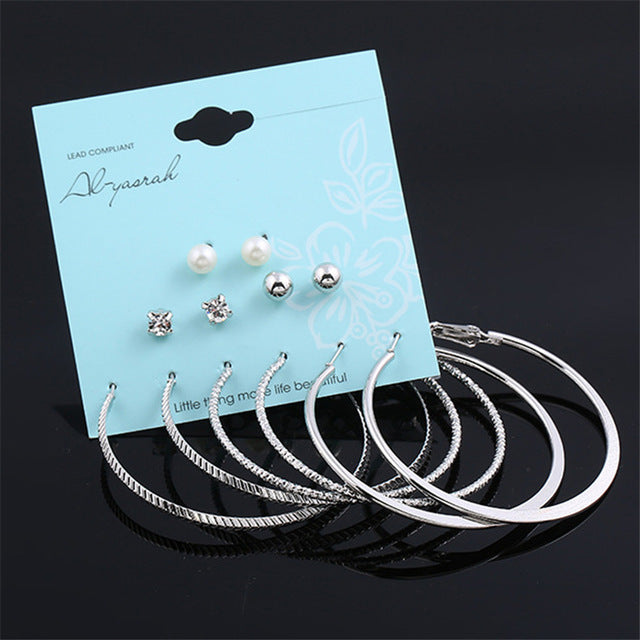 New 6 Pairs/Set Fashion Punk Crystal Stud & Hoop Earrings
