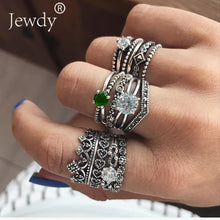 Mixed Vintage Crown Crystal Boho Jewelry Unique Carving Tibetan Silver Rings Set for Woman