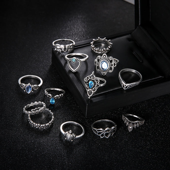 13 PCS/SET Vintage Elephant Turtle Crystal Crown Rings Set for Women