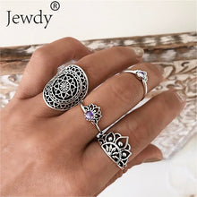 Mixed Vintage Crown Crystal Boho Jewelry Unique Carving Tibetan Silver Rings Set for Woman