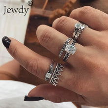 Mixed Vintage Crown Crystal Boho Jewelry Unique Carving Tibetan Silver Rings Set for Woman