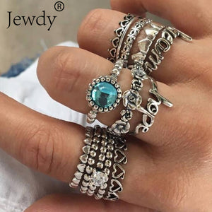 Mixed Vintage Crown Crystal Boho Jewelry Unique Carving Tibetan Silver Rings Set for Woman