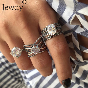 Mixed Vintage Crown Crystal Boho Jewelry Unique Carving Tibetan Silver Rings Set for Woman