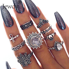 Mixed Vintage Crown Crystal Boho Jewelry Unique Carving Tibetan Silver Rings Set for Woman