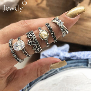 Mixed Vintage Crown Crystal Boho Jewelry Unique Carving Tibetan Silver Rings Set for Woman