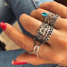 Mixed Vintage Crown Crystal Boho Jewelry Unique Carving Tibetan Silver Rings Set for Woman