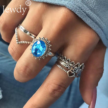 Mixed Vintage Crown Crystal Boho Jewelry Unique Carving Tibetan Silver Rings Set for Woman