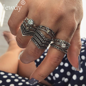 Mixed Vintage Crown Crystal Boho Jewelry Unique Carving Tibetan Silver Rings Set for Woman